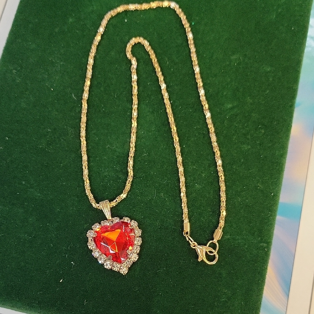Gold Tone Heart Pendant 16" Necklace Red & White Gemstone